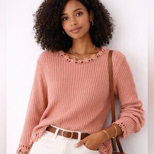 April Cornell Salmon Pink Sweater with Crochet Détail